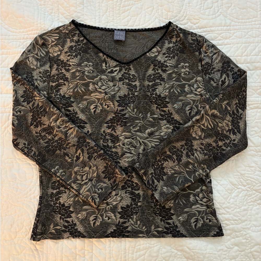 Whimsigoth witchy 90s lace trim floral 3/4 length blouse
